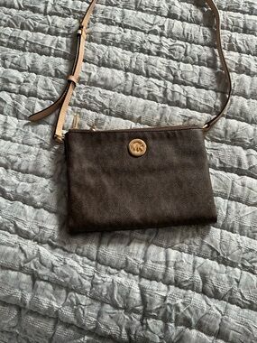 Michael Kors Dark Brown Crossbody Wristlet with Gold MK Accen